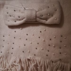 NEW 2 PIECES, CREAMY BEIGE BEADED SCARF & MATCHING HEADBAND